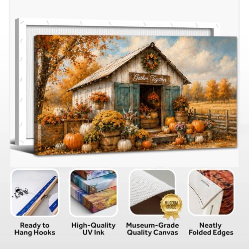 WAXWHELK Fall Canvas Wall Art Rustic Farmhouse Barn Painting Pictures with Pumpkins Mums and Gather Together Sign, Autumn Thanksgiving Home Decor Artwork for Living Room Bedroom, (12"x24") - Image 6