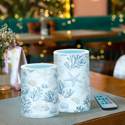 ALAZA Coastal Sea Star Coral Nautical Flickering Flameless Candles Battery Operated with Remote Timer,Tea Light Candles LED Pillar Votive Candles Set of 2 for Outdoor Indoor Decorations - Image 6