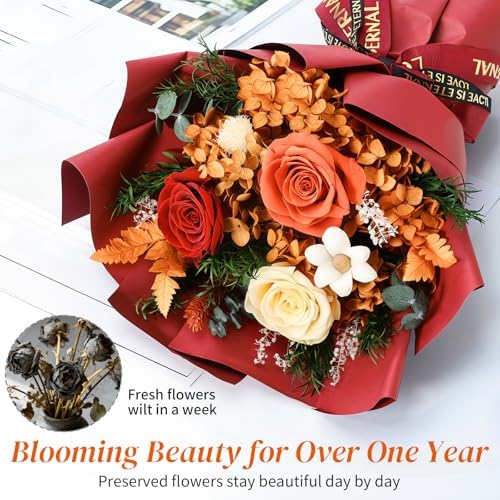 Lewondr Preserved Flowers Bouquet, Orange Rose Forever Flowers for Delivery - Image 3