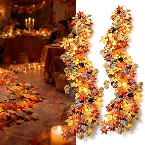 Solar Fall Garland with Lights, Maple Leaf Outdoor Indoor (10ft-BAT, 2PC) by Ontuz