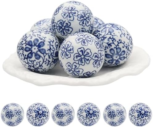 6 Pc Decorative Blue Balls Chinoiserie Ball Ceramic Orbs for Centerpiece Bowls Tray Bowl Basket Gifts for Vases Dining Table Christmas Halloween Wedding Party Decoration(B) by CXMpapali