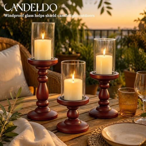 Candeldo Wooden Hurricane Candle Holders Pillar: Mid Century Modern Brown - Image 4