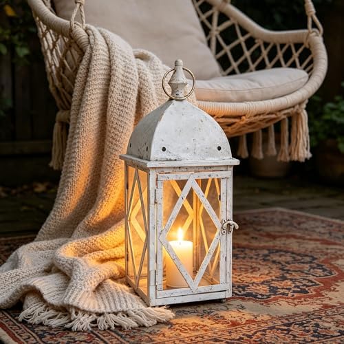 17" Vintage Distressed White Metal Lantern, Glass Paneled Hanging Candle Lantern, Rustic Farmhouse Decor for Indoor & Outdoor Patio, Garden, Wedding & Entryway Display - Image 2