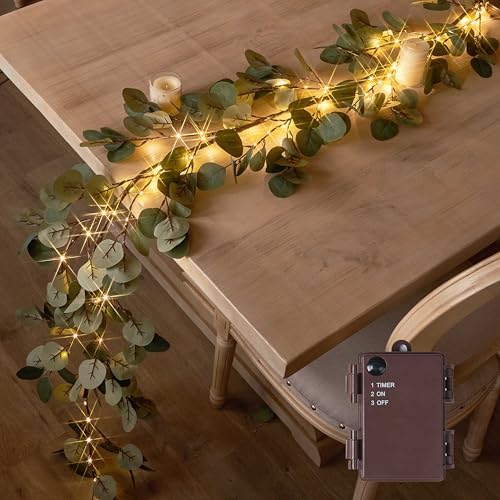 Hairui Lighted Artificial Eucalyptus Garland 6FT 96 LED Battery Operated Faux Vine Lights with Timer for Spring Wedding Backdrop Wall Decor by Hairui