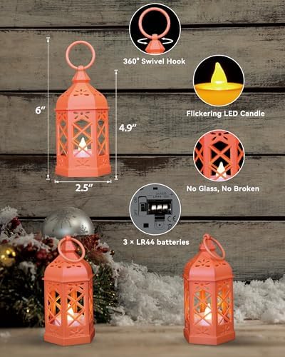 12Pack Mini Lanterns for Ramadan, Halloween, Christmas, Small Lanterns with Flickering LED Candle for Enchanted Forest Wedding, Moroccan Lantern for Table Centerpiece, Medieval Decor, Orange - Image 4