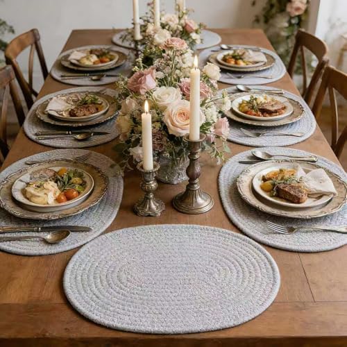 Braided Placemats Set of 6, Cotton Fabric Oval Table Mats Non Slip Washable 16 * 12 inch Oval Place Mats, 6 Pack Grey Cotton Rope Woven Placemats for Wedding Birthday Baby Shower Party Decoration - Image 3
