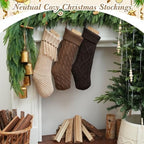 steo spce 3 Pack Farmhouse Christmas Stockings – Large 18” Rustic Boho Vintage Cable Knit Holiday Stockings in Brown and White Neutral Tones for Fireplace Mantel Hanging Family Décor - Image 5