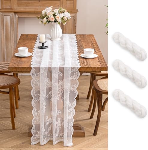 White Lace Table Runner with Floral Embroidered (6pcs, 28”x118”) - Image 2