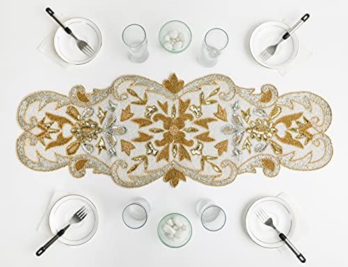 Hand Beaded Silver Gold Ivory Runner 13x36 Holiday Décor - Image 4