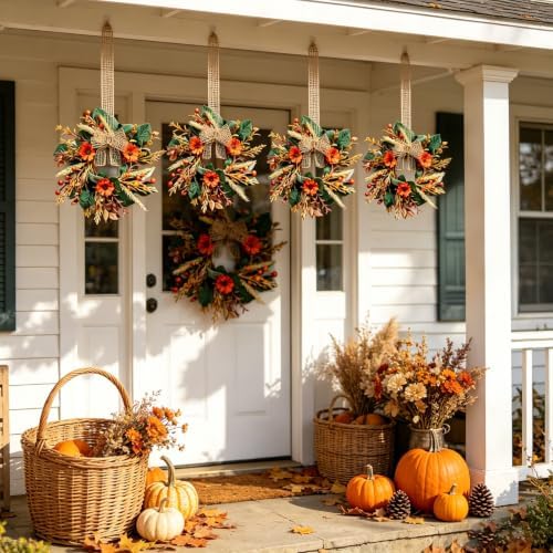 12 PCS 9" Mini Fall Wreaths for Kitchen Cabinets Fall Wreaths for Front Door with Sunflowers Wheat Stalks & Orange Berries Harvest Thanksgiving Floral for Farmhouse Home Wall Window Festival Decor - Image 5