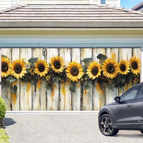ANNA QUEEN Sunflower Garland Garage Door Banner 6 x 13FT, Rustic Sunflowers with Wooden Fence, Outdoor Spring and Summer Decoration for Garden Parties Home Decor - Image 2
