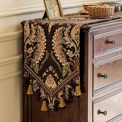 Floral Chenille Dresser Runner 55" Non-Slip with Tassels, Brown by keemir