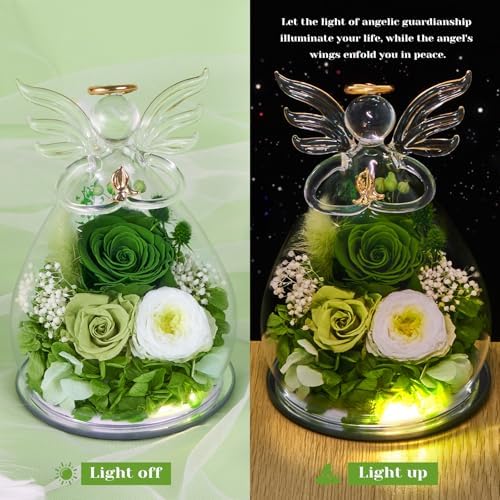 FIACO Gifts for Women Birthday Preserved Rose Forever Flower in Glass Angel Figurines Fresh Flowers for Delivery Prime for Mom Real Green Roses for Grandma Sister Wife Her from Daughter - Image 3