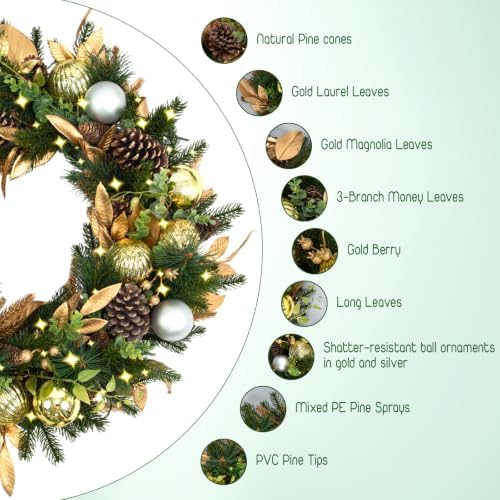 Hykolity 28 Inch Pre-Lit Botanical Christmas Wreath with 50 Warm White LEDs and Timer, Battery Operated Artificial PE & PVC Wreath with Ornaments, Pinecones and Layered Gold Leaves for Front Door - Image 4