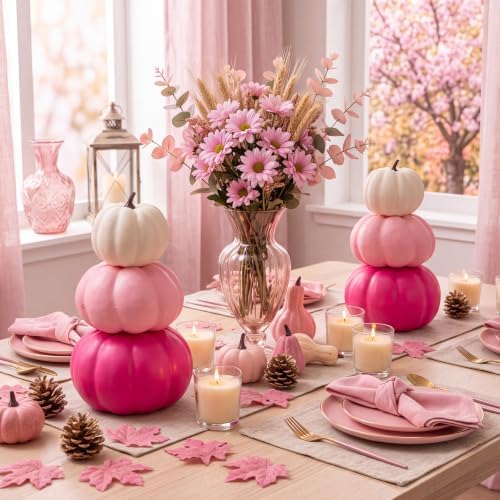 Marsui 2 Set 11.8'' Pink Stacked Pumpkins Breast Cancer Awareness Decor - Image 6