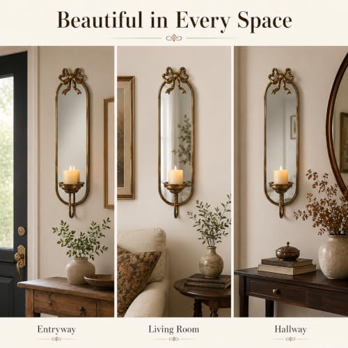 23.6" Gold Candle Sconces Wall Decor, Vintage French Metal Bow Mirror Wall Candle Holder, Decorative Candle Sconce with Candle Tray for Bedroom, Fireplace, Entryway, Hallway, Living Room - Image 6
