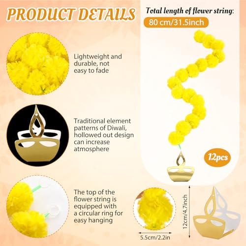 Norme 12 Pcs Marigold Garland 2.6 ft Long Strands Artificial Marigold Flowers Garland with Pendant Flower String Indian Diwali Decorations for Pooja Indian Wedding Dia De Los Muertos(Yellow) - Image 2