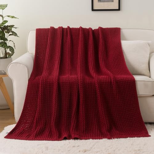 Red Throw Blanket for Couch, Soft Cozy Knit Waffle Throw Blanket 50"x60" - Image 2