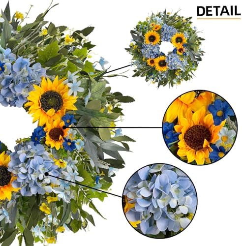 HipTree 24 Inch Spring Summer Wreath for Front Door,Hydrangeas Sunflowers - Image 3