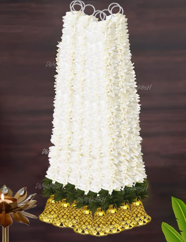 Divyakosh Garlands for Home Decoration, Gajra Hangings (Pack of 6 Latkan, Size 14 Inch Each) | Offwhite Fabric Jasmine Flower with Golden Bell | Flower Garlands for Home Decoration | - Image 6