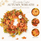 24 Inch Fall Wreath for Front Door with Storage Bag, Autumn Pumpkin Wreaths with Orange Maple Leaf and Berries for Outdoor, Farmhouse Porch Thanksgiving and Harvest Festival Parties - Image 4