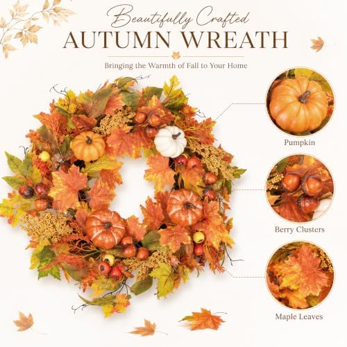 24 Inch Fall Wreath for Front Door with Storage Bag, Autumn Pumpkin Wreaths with Orange Maple Leaf and Berries for Outdoor, Farmhouse Porch Thanksgiving and Harvest Festival Parties - Image 4