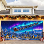 Northern Lights Christmas Garage Door Banner Mural Santa Sleigh Reindeer Flying Over Snow Mountain Town Backdrop Large 7x16ft Winter Holiday Outdoor Wall Decor - Durable Fabric Cover for Home Xmas - Image 7