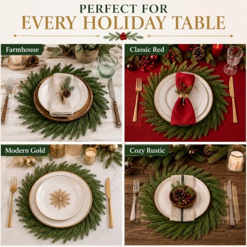 Christmas Round Placemat Set of 6 Artificial Norfolk Wreath Charger - Image 6