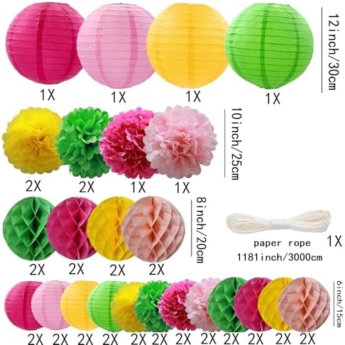 WOLHOWLTD Hawaii Luau Theme Paper Decoration Set - 42Pcs Paper Lanterns,Pompoms,Honeycomb for Wedding,Summer Aloha Party,School Day,Bridal Shower,Birthday Party Decoration(Rosy Pink Yellow Green) - Image 2