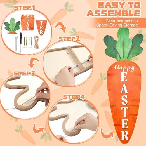 35 Inch Easter Carrot Wooden Porch Sign Spring Carrot Standing Decor with Rope Happy Easter Welcome Sign for Indoor Outdoor Entryway Yard Home Holiday Hanging Decoration - Image 4