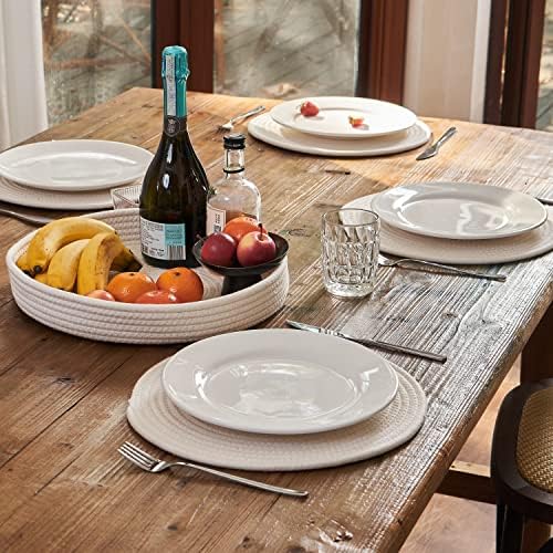 5-Piece Round Cotton Rope Placemats & Holder, Warm Ivory - Image 2