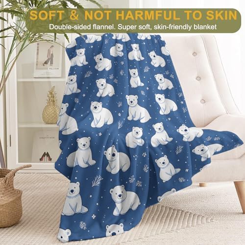 Cute Polar Bear Fleece Blanket - Lightweight Soft Cozy Gifts Throw for Animal Lovers,Kids,Women,Winter White Bears Blue Blankets,Home Room Modern Festive Decor 50x60in - Image 2