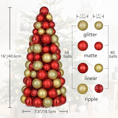 16" Tabletop Christmas Tree Small Red Gold Christmas Tree Decorations with 94 Shatterproof Ornaments Balls Christmas Centerpiece Mini Cone Xmas Tree for Holiday Party Wedding Table Desk Mantel Decor - Image 2