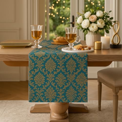 ThrowPillow Luxury Banarasi Brocade Silk Table Runner | Blue & Gold Jacquard with Tassels | 14x90 Inches | Festive Diwali Decor | Center | Gift | Pooja Rooms - Image 2