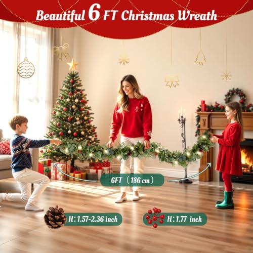 6ft Christmas Garland, Lighted Norfolk Pine Garland with Berries&Pinecones - Image 5