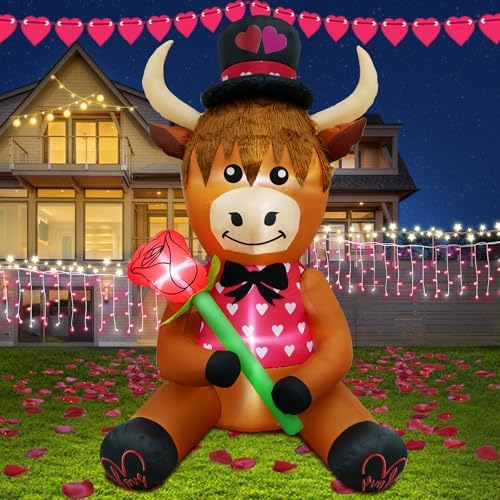 5FT Tall Valentine's Day Inflatable Highland Cow Holding a Rose, Blow Up Valentine's Day Outdoor Decoration Built-in 3 Led Lights for Wedding Propose Indoor Yard Party Supplies by inslife