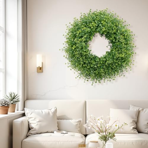 28 Inch Large Boxwoods Wreaths for Front Door Artificial Green Leaves Greenery Indoor Outdoor Wreath Home Decor Porch Window Wall Farmhouse Door Decorations Spring Summer Fall All Seasons - Image 3