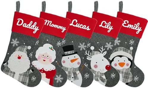 Set of 5, 18" Dia Personalized Gray Christmas Stockings with Embroidery Names, with Holders,Quality Thick Fleece Material Stockings for Family Décor(Set of 5-B) by YourBestMemory