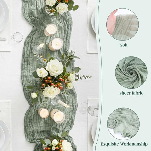 LemonRoad 4 Pcs 20ft Cheesecloth Table Runners Boho Gauze, Sage Green - Image 5