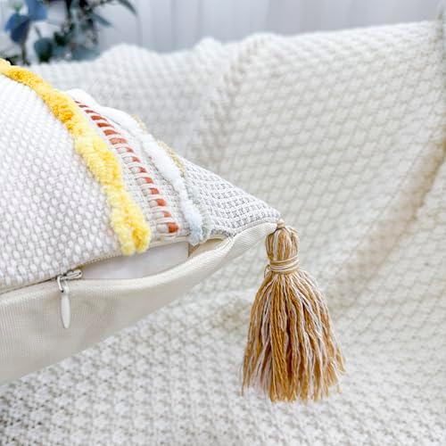 NUYECY Boho Throw Pillow Covers 18x18 Aesthetic Neutral Boucle Couch Pillow Cover Rainbow Striped Decorative Accent Pillow Case for Couch Bed Sofa Farmhouse,Modern Funky,Set of 2 Yellow-Grey - Image 3