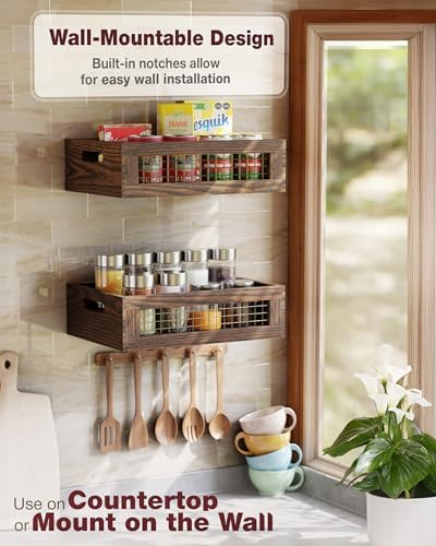 Set of 2 Wooden Countertop Baskets with Sturdy Wire Mesh & Handles - Image 5