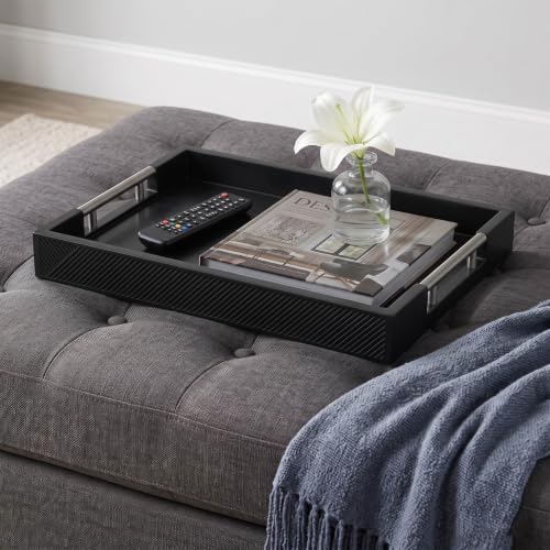 Decorative Serving Tray, Modern Rectangle Wood Tray with Polished Metal Handles, Glossy Finish, 16.5x12 Inch, for Coffee Table, Ottoman (Black) - Image 3
