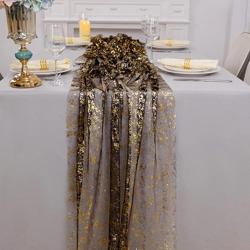 Snowkingdom 6 Pcs Black & Gold Cheesecloth Table Runner 10 FT, Sheer Chiffon Sparkle Gauze Mesh Runners 120 Inch, Glitter Table Centerpieces Decoration for Birthday Party Wedding Christmas Halloween - Image 4