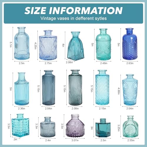 Colored Glass Vases Bulk 32 Pcs - Assorted Vintage Bud Vases for Wedding Centerpieces, Rustic Embossed Glass Bottles for Table Decor, Home Floral Arrangements with Blue Series (2-6 Inch) - Image 3