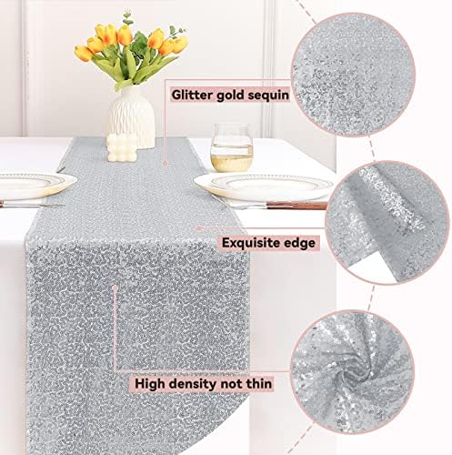 Sugargirl 10 Packs 12 x 72 inches Sequin Table Runner, Glitter Silver Table Runner for Birthday Party Supplies Wedding Holiday Celebration Event Decorations - Image 3