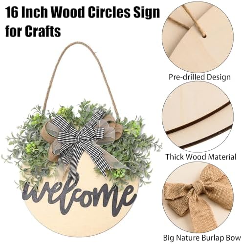 6 Pcs 16 Inch Wood Circles for Crafts Unfinished Round Wooden Discs Blank Wood Rounds Slices Round Wooden Door Hanger Signs with Bows, Twine and Glue Points for DIY Craft Holiday Decor,5 mm Thick - Image 3