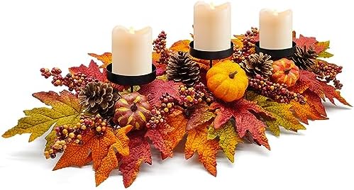 Fall Centerpiece Table Decorations, 27.5'' L Assorted Artificial Pumpkins, Pine Cones, Berries, and Autumn Leaves Harvest Table Candle Holder for Dinning Table, Fireplace Mantel (Candle Not Included) by SUNNYPARK