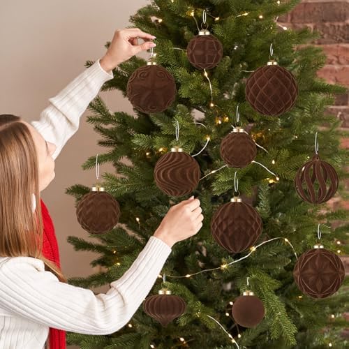 30pcs Velvet Christmas Ball Ornaments, Flocked Shatterproof Christmas Ornaments Hanging Xmas Tree Decorations Set for Home Party Holiday Decor (Multi-Size, Brown) - Image 6