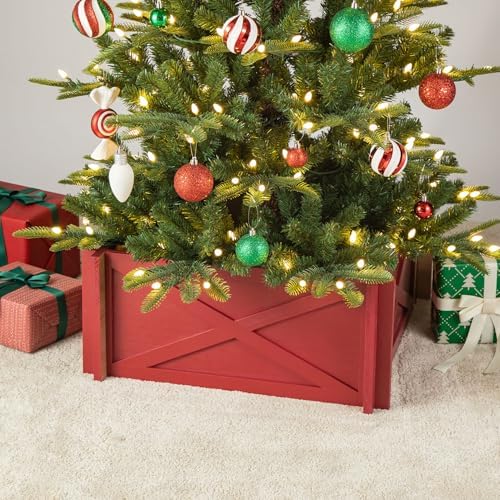 Glitzhome Christmas Tree Collar, 27.5" L Farmhouse Handcrafted Wooden Tree Collar Tree Base Cover Christmas Tree Skirt Collar, Red by Glitzhome