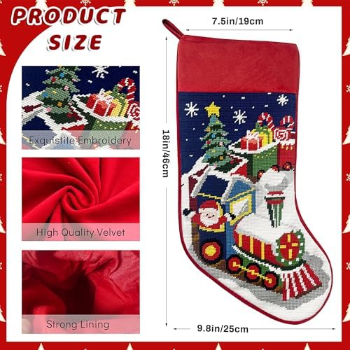 Needlepoint Christmas Stocking, 18 Inches Vintage Xmas Stockings with Personalized Name Tag, Embroidered Train Design, Old-Fashioned Holiday Christmas Party Family Decor - Image 2
